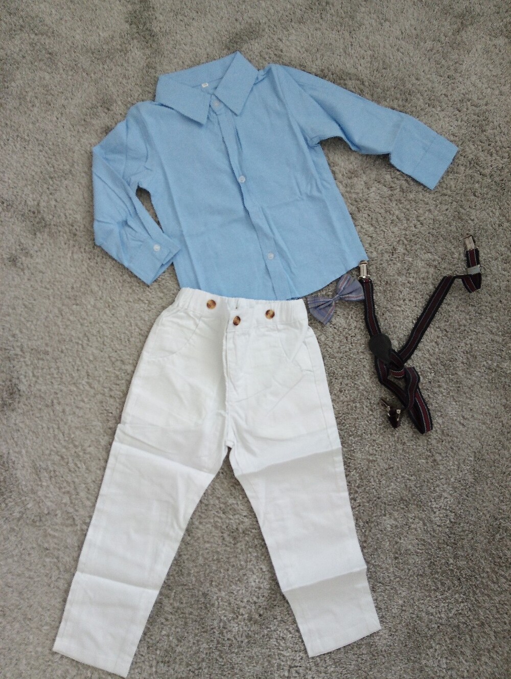 Boys Light Blue Button-Up Shirt & White Pants Outfit, Size 4-5T.